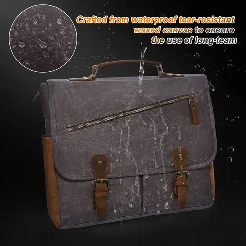 Vista 2 de LOVEVOOK Bolso bandolera para hombre de cuero auténtico impermeable de lona retro de 156 pulgadas para laptop para el trabajo la escuela los viajes