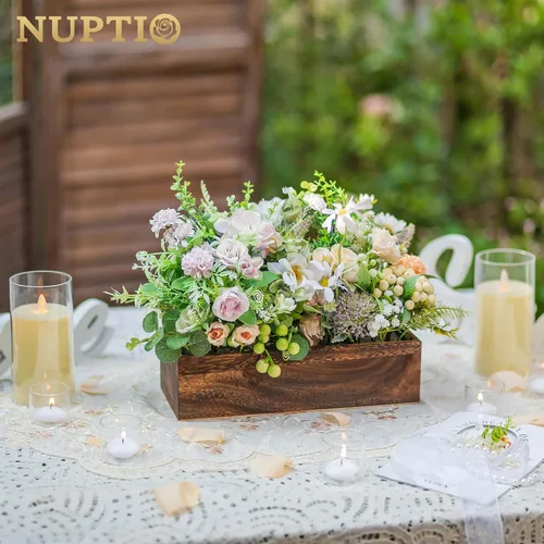 Vista 2 de NUPTIO - Centro de mesa en caja de madera: 2 piezas de 11.8" de largo, jardineras rectangulares de madera - Jarrón de flores de granja para boda
