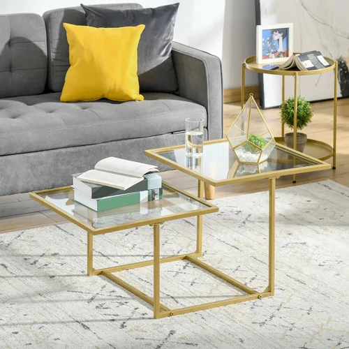 Vista 2 de HOMCOM Mesa auxiliar, mesa de centro de cristal templado con 2 mesas cuadradas, mesas de centro modernas para sala de estar, dormitorio, color dorado
