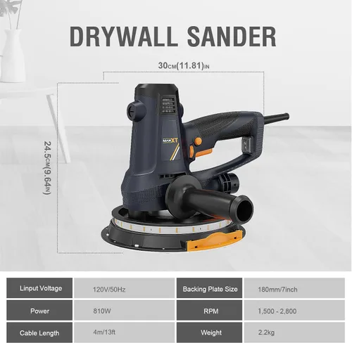 Vista 7 de Lijadora de yeso manual MAXXT de 810W, lijadora eléctrica para paredes, lijado grueso y fino, velocidad variable de 1500-2800RPM, almohadilla