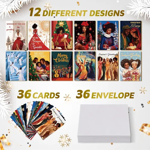 Vista 3 de Cholemy Juego de 36 tarjetas de Navidad afroamericanas negras con sobres, tarjetas de felicitación de Navidad africanas, tradicionales, religiosas