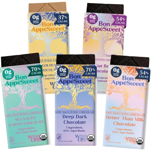 Vista 23 de Bon AppéSweet Barra de Chocolate Endulzada con Dátiles - Mejor que el Chocolate con Leche 2.2 Onzas (Pack de 3) Orgánico, Sin Azúcar Añadida