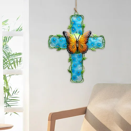 Vista 5 de COOZZYHOUR Decoración de pared de metal con cruz de metal y cristal, flor de hortensia azul, decoración para exteriores, interiores, hogar, jardín