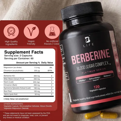 Vista 4 de B Life Company Suplemento de berberina 300 mg - Metabolismo del suplemento del complejo de berberina - 120 cápsulas vegetales (60 porciones)