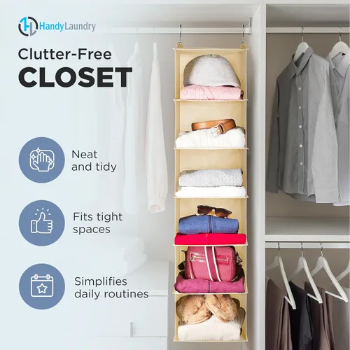 Vista 3 de Handy Laundry Organizador colgante para armario, 6 estantes para ropa, suéteres, zapatos y accesorios, estantes de armario que ahorran espacio