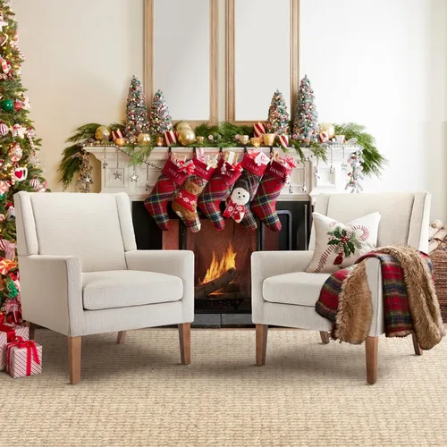 Vista 10 de COLAMY Silla moderna de ala para sala de estar, sillón tapizado de tela, sofá individual con asiento de salón y patas de madera para Beige