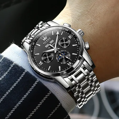 Vista 7 de OLEVS Man Automatic Watches Automatic Mechanical Tourbillon Waterproof Business Watch Stainless Steel Case Strap Day Date Sun Moon Phase Window