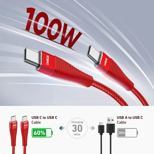 Vista 3 de Cable USB C a USB C, cargador USB C corto de 100 W, cable de carga rápida de 1 pie, paquete de 2 unidades Rojo