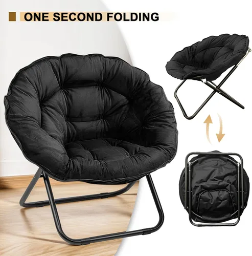 Vista 3 de Grezone Silla plegable con platillo, silla de luna perezosa de gran tamaño con marco de metal, cómodas sillas de dormitorio para dormitorio, sala