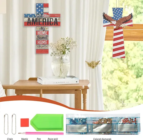 Vista 3 de Paquete de 2 kits de pintura de diamantes cruzados 5D DIY pintura de diamante cruz forma especial kit de arte de diamantes patrióticos bandera