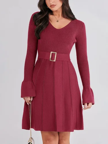 Vista 2 de ANRABESS Vestido tipo suéter de manga larga con cuello en V y lazo en la cintura, plisado, acampanado, elegante, de punto acanalado, vestido midi