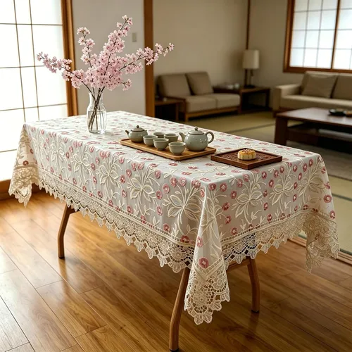 Vista 3 de Mantel de encaje rectangular elegante bordado para boda, banquete, fiesta de cumpleaños, mesa de comedor formal, cubierta a prueba de polvo