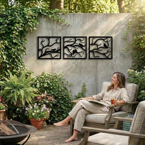 Vista 7 de DEKADRON Arte de pared de metal, pájaros en rama, 3 piezas, arte de pared de árbol, letrero de árbol, decoración de pared, decoración