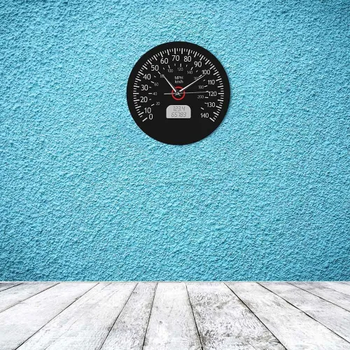 Vista 3 de The Geeky Days Reloj de pared silencioso impreso con velocímetro, kilómetros y millas, arte de pared de mecánica de carreras, reloj de pared negro