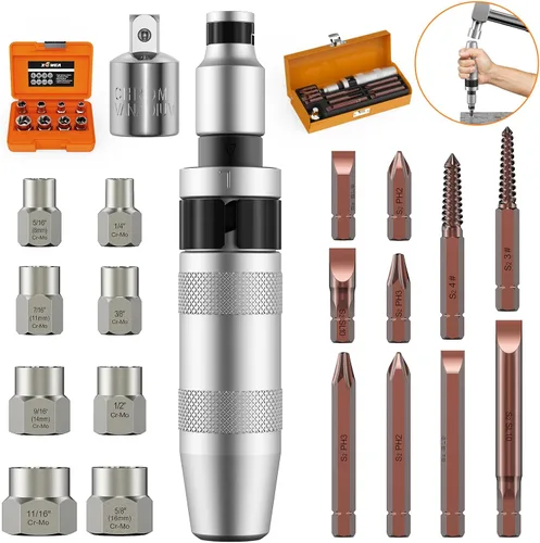 Vista 8 de 12 piezas de destornillador de impacto manual de 3/8" y 8 piezas de extractor de pernos de 3/8", XEWEA destornillador reversible de impacto
