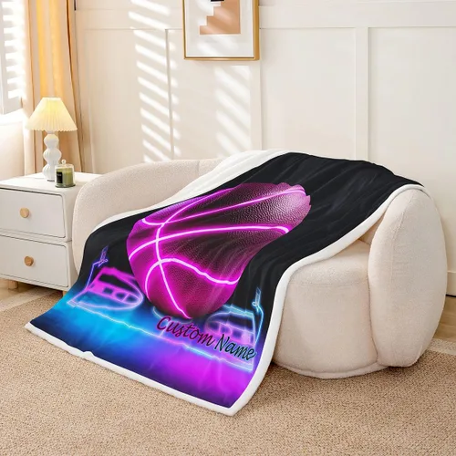 Vista 2 de Erosebridal Manta de baloncesto rosa para sofá para niños y niñas, manta de forro polar con temática deportiva, manta de sherpa brillante