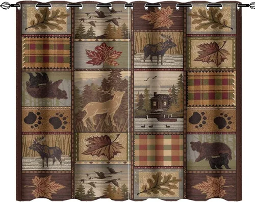 Vista 45 de Cortinas de oscurecimiento estilo campestre con osos, alces y ciervos, cortinas opacas para ventanas con ojales, tratamiento de ventanas eficiente