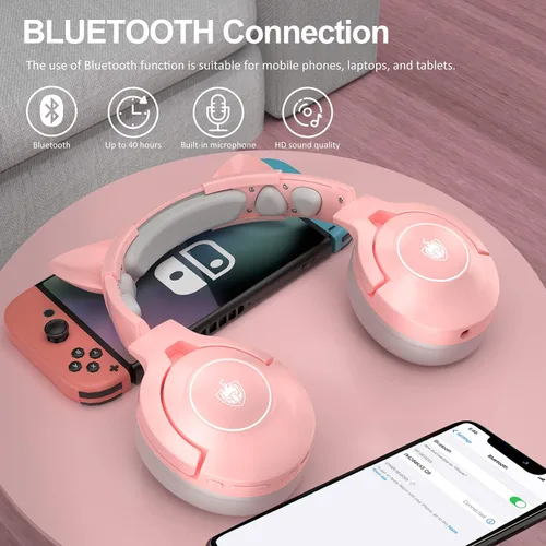Vista 5 de PHOINIKAS Auriculares inalámbricos para juegos con bonitas orejas de gato con cable para PS5 PS4 PC Nintendo Switch Q9 sobre la oreja con micrófono