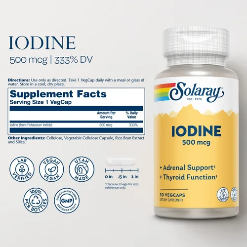 Vista 3 de Solaray Yodo 500 mcg, suplemento de yodo para apoyo suprarrenal y tiroideo saludable, energía, metabolismo y enfoque, yoduro de potasio, vegano