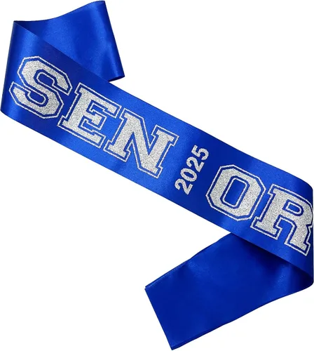 Vista 2 de Senior Sash 2025, bandas azules, paquete de 10 con letras plateadas con purpurina, bandas para celebraciones de graduación de clase 2025