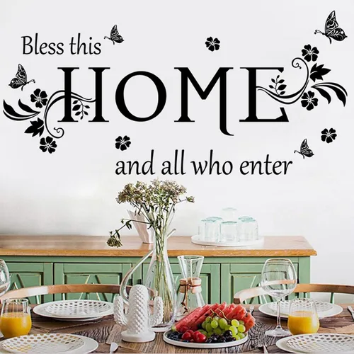 Vista 2 de Adhesivo de pared de vinilo negro con texto en inglés "Bless This Home and All Who Enter Bless This Home and All Who Inter", calcomanías de pared