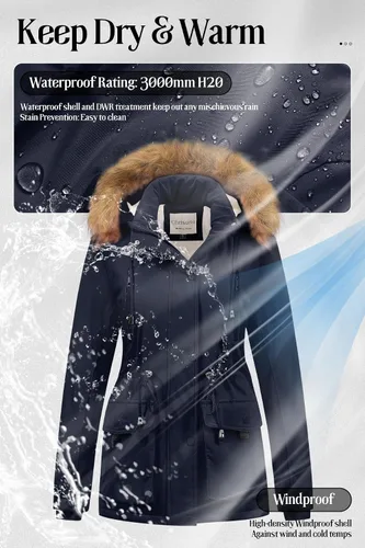 Vista 5 de Chrisuno Parka de invierno para mujer, forro polar suave, con cordón y capucha de piel sintética