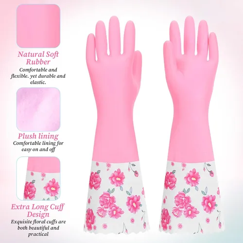 Vista 3 de 2 pares de guantes de limpieza de goma para el hogar, cocina, lavavajillas, guantes de puño largo con forro flocado de algodón, reutilizables