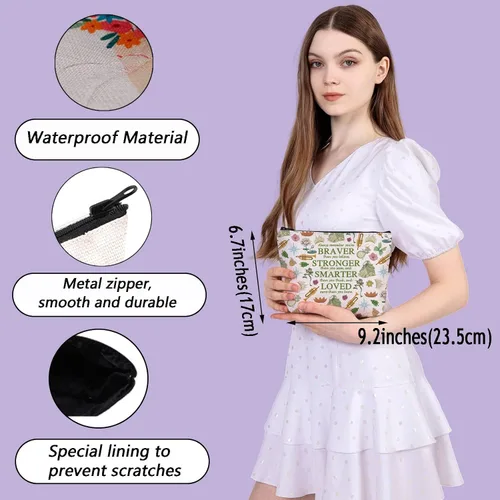 Vista 6 de MEIKIUP Bolsa de maquillaje de rana, bolsas de cosméticos de viaje de rana, eres más valiente más fuerte de lo que piensas bolsa con cremallera