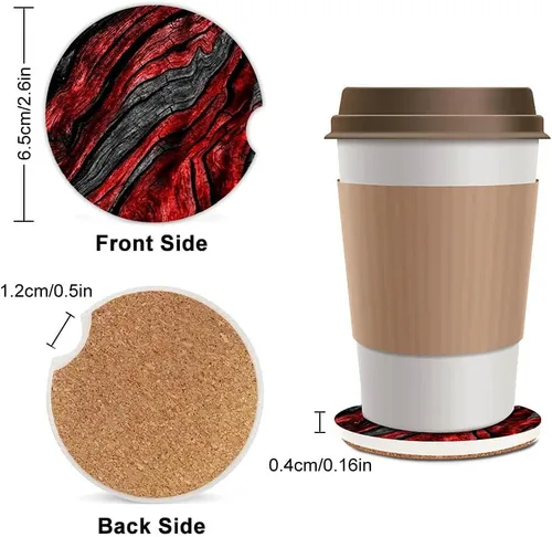 Vista 2 de Portavasos de cerámica de grano de madera negra y roja para mujeres/hombres, portavasos absorbentes para automóvil con muesca de dedo de 2.56