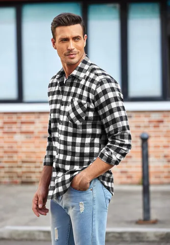 Vista 3 de COOFANDY Camisas de franela a cuadros de manga larga con botones para hombre