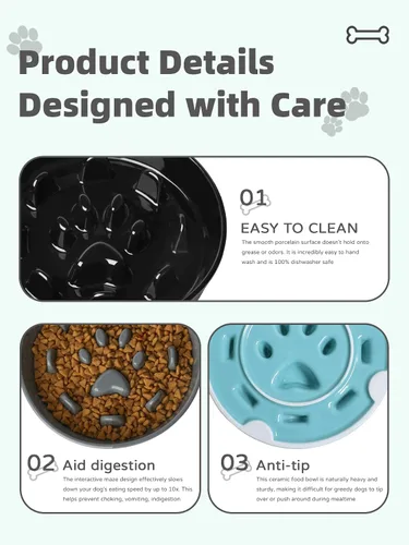 Vista 7 de Cerámica 1.5 taza para razas pequeñas y medianas tazón de perro de alimentación lenta (negro)