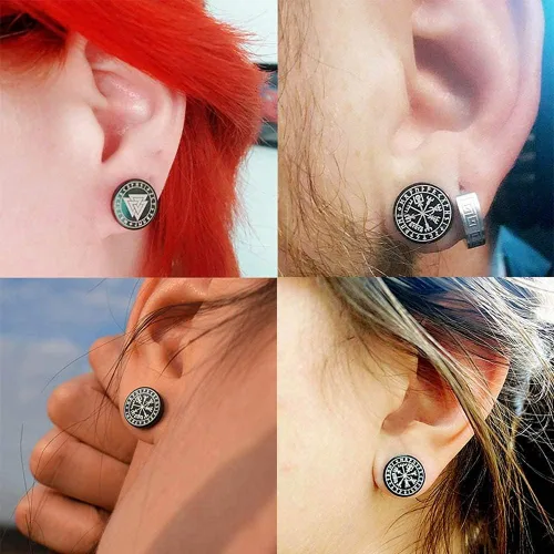 Vista 2 de FYLUN - Aretes vikingos para hombres, medidores falsos, aretes para hombre, aretes de runas vikingas, significado felicidad, riqueza, amor, fuerza