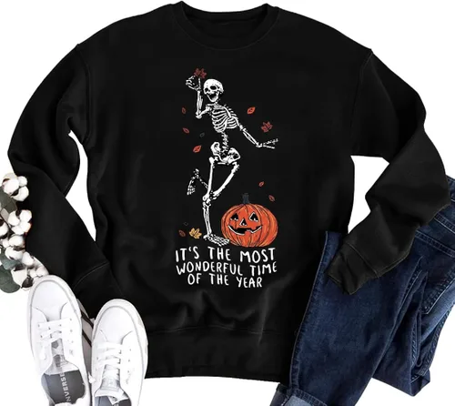 Vista 6 de YI XIANG RAN Sudadera de Halloween para mujer, diseño de esqueletos, estilo vintage, informal, holgada, cuello redondo, sin botones