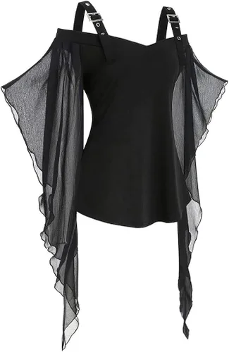 Vista 3 de SHOPESSA Camisas góticas sexys para mujer manga trompeta de malla blusas fluidas color negro para Halloween medieval punk renacentista