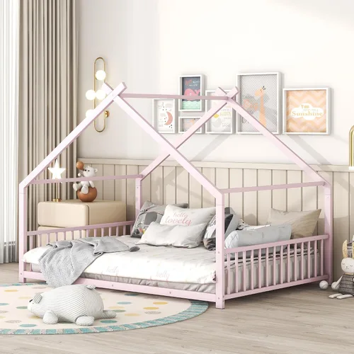 Vista 8 de Lakifun Casa de juegos de cama de metal de tamaño individual con barandillas de techo y valla para niños y niñas, marco de toldo Montessori de suelo