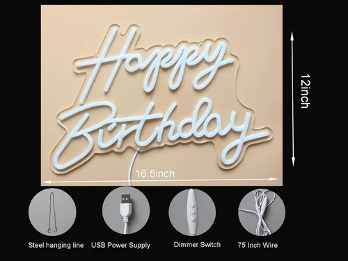 Vista 4 de STRTT - Letrero LED de neón de feliz cumpleaños, luz nocturna, decoración de fiesta de cumpleaños, color blanco, funciona con USB, para telón