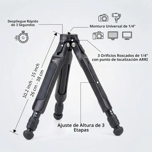 Vista 2 de Zeadio Trípode de cámara ajustable, trípode portátil de viaje de aluminio de mesa, altura ajustable de 3 etapas, capacidad de carga de 11.0 lbs