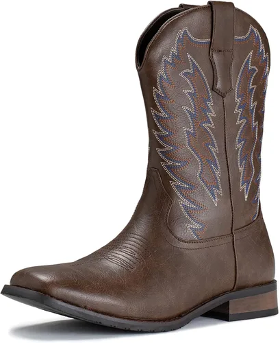 Vista 11 de IUV Botas de Vaquero para Hombre de Pie Ancho Punta Cuadrada Botas Occidentales con Bordado Clásico Duraderas Sin Cordones Negro