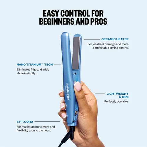 Vista 5 de BaBylissPRO Mini plancha plana para el cabello Nano Titanio ¾ pulgadas. Placas para cabello corto y retoques, azul, BNT137