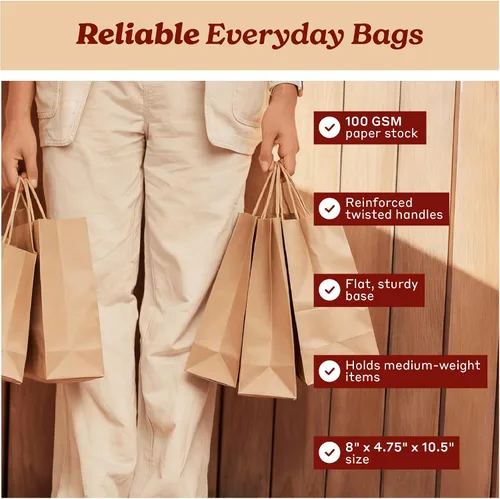 Vista 3 de PTP Bags Bolsas de papel kraft de 8 x 4.75 x 10.5 pulgadas, bolsa reciclable de 3.53 oz/m² con asas reforzadas para regalos de boutique, compras al