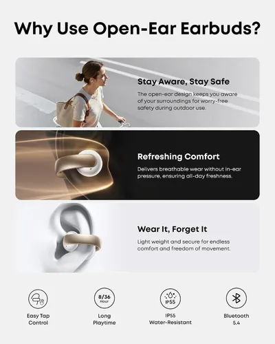 Vista 9 de Soundcore AeroClip de Anker, Auriculares de oído abierto, Auriculares de clip, Comodidad adaptativa, Llamadas claras con 4 micrófonos y AI, Ajuste