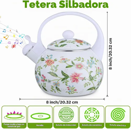 Vista 2 de Tetera esmaltada vintage de 2.3 cuartos de galón, tetera silbante para estufa, tetera esmaltada floral en acero para el hogar, cocina, campamento