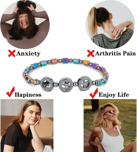 Vista 5 de VALIJINA 4 tobilleras de hematita para mujeres y hombres, tobilleras de piedra hematita para aliviar la ansiedad, tobilleras con estrellas