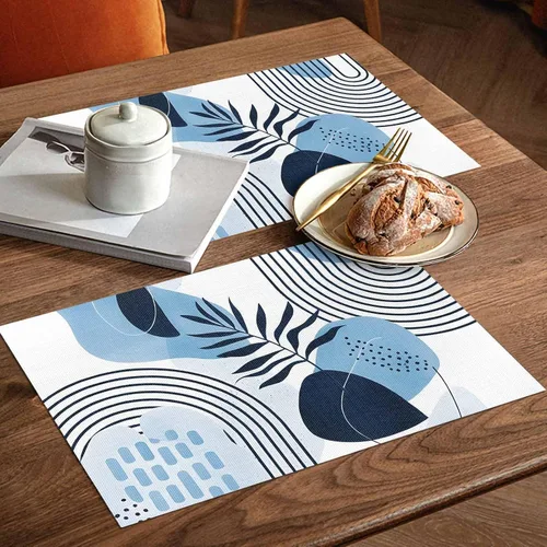 Vista 3 de Juego de 4 manteles individuales bohemios con hojas tropicales, de cloruro de polivinilo lavable, color azul, arte abstracto de siglo medio, plantas