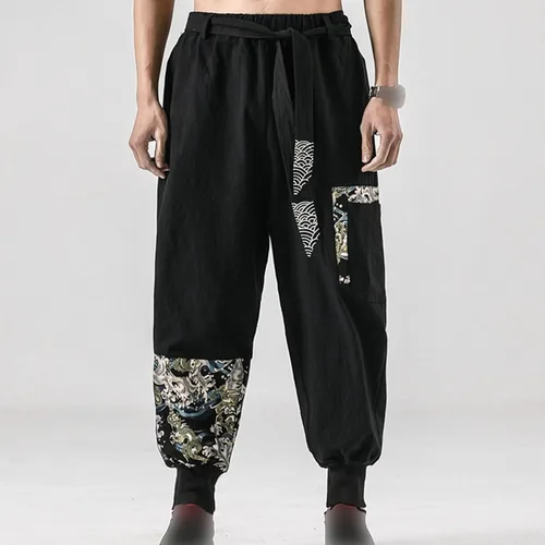 Vista 2 de JEShifangjiusu Pantalones casuales de lino para hombre, ajuste holgado, ligero, con cordón, bordado, para verano, playa, yoga, pantalones largos