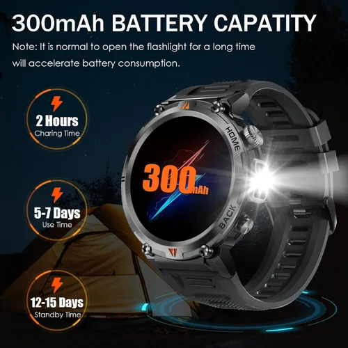 Vista 5 de Reloj inteligente militar para hombres con linterna LED 1.45 "HD 3ATM impermeable Rugged Smart Watch with 100+ Sports Modes Fitness Tracker with