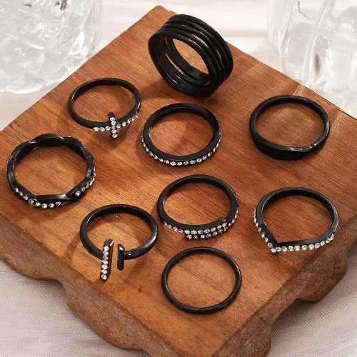 Vista 9 de KISS WIFE Juego de anillos dorados, plateados y negros para nudillos, para mujeres, delicados, simples, modernos, apilables, perfectos para apilar