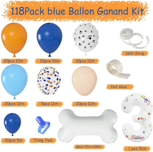 Vista 4 de Juego de 118 globos azules y naranjas de tercer cumpleaños, globos de pata de perro, suministros para fiestas de cumpleaños Blue3