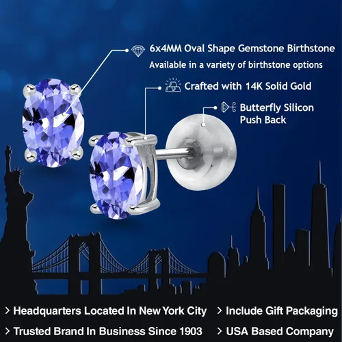 Vista 2 de Gem Stone King Aretes ovalados con piedra natal de oro de 14 quilates Ovalados de 0.236 x 0.157 pulgadas