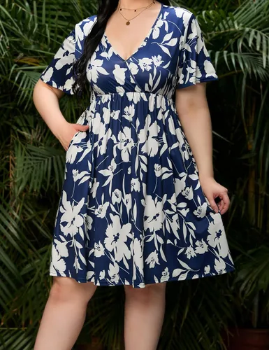 Vista 3 de ShopWonder Vestido de talla grande para mujer, con cuello en V, acampanado, largo hasta la rodilla, vestido de fiesta, minivestido de fiesta